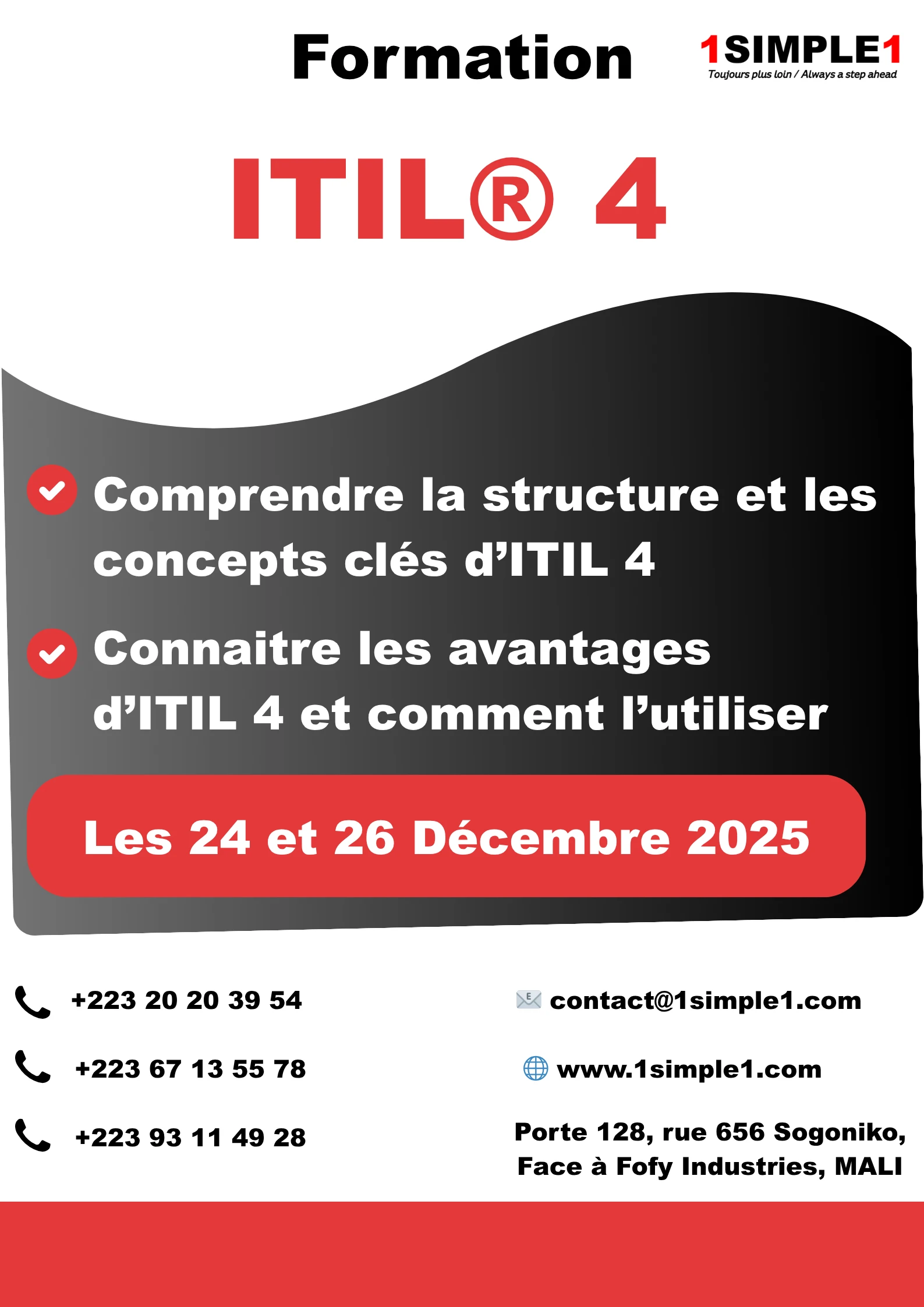 <p>🎓 <strong>Découvrez la formation ITIL® 4 – Les Fondamentaux de la Gestion des Services IT</strong> 🎓</p><p>Vous souhaitez comprendre les bases d'<strong>ITIL 4</strong>, le cadre de référence incontournable pour la gestion des services informatiques ? Cette vidéo vous propose une <strong>introduction claire et concise</strong> aux concepts clés d’ITIL 4, idéale pour les débutants comme pour ceux qui veulent actualiser leurs connaissances.</p><p>✅ Ce que vous allez apprendre :</p><ul><li>Les principes directeurs d’ITIL 4</li><li>La structure du système de valeur des services (SVS)</li><li>Le cycle de vie des services IT</li><li>Les bénéfices concrets de l’adoption d’ITIL dans votre organisation</li></ul><p>📌 Parfait pour vous préparer à la certification <strong>ITIL 4 Fondation</strong> ou démarrer une carrière en gestion des services IT.</p>